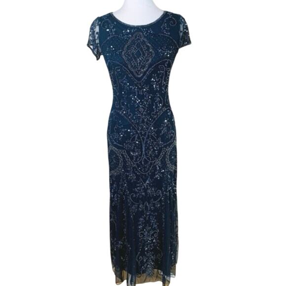 Vintage Pisarro Sz 2 Beaded Mesh Column Gown Navy Blue Cocktail Wedding Holiday - Picture 1 of 11